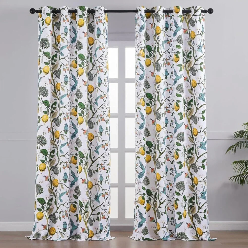 Floral Lemon Hummingbird Curtains Patterned Waverly Mid-Century Style